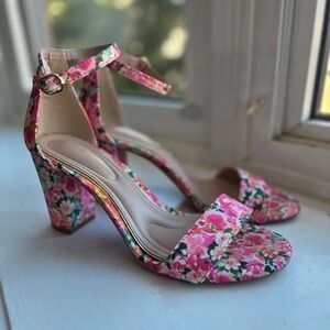 Floral Pink Block Heel Sandals